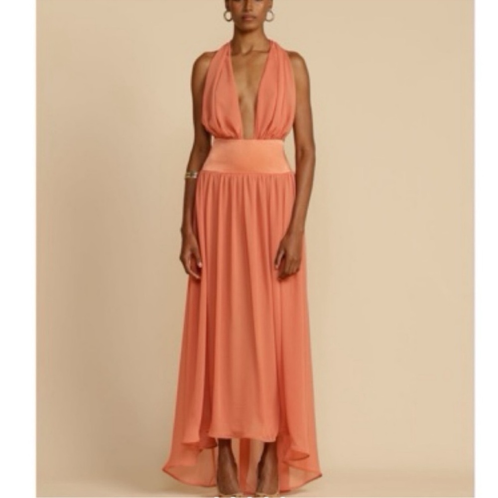 Plunge Halter Coral Maxi Dress